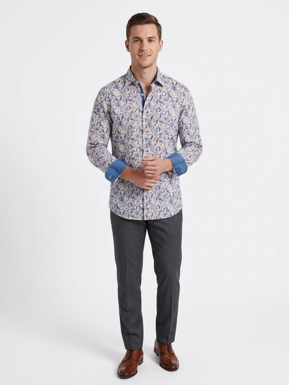 Bugatchi Classic Fit Floral Print Long Sleeve Button Up Dress Shirt, size M